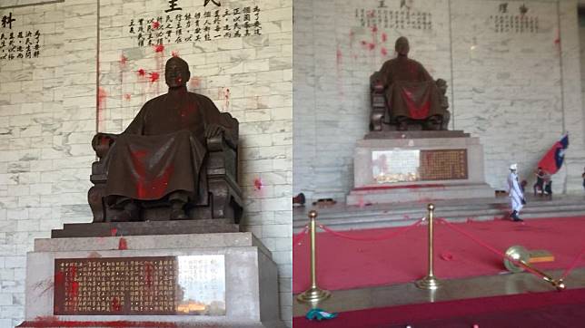 獨派突襲「中正紀念堂」　蔣介石銅像遭潑紅漆
