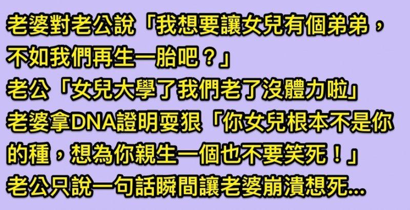 老婆向老公承認「女兒不是你的種我要去找小王了」，沒想到老公一