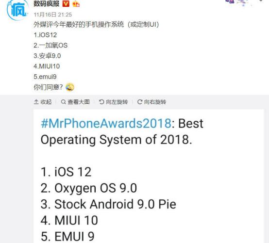 外媒評選年度最好用系統：iOS奪冠 氧OS次之 MIUI10力壓EMUI9