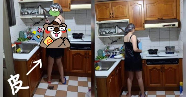 白皙老婆好調皮！細肩睡衣煮飯「頭戴這超爆笑」…轉身網全歪樓：側面很兇！