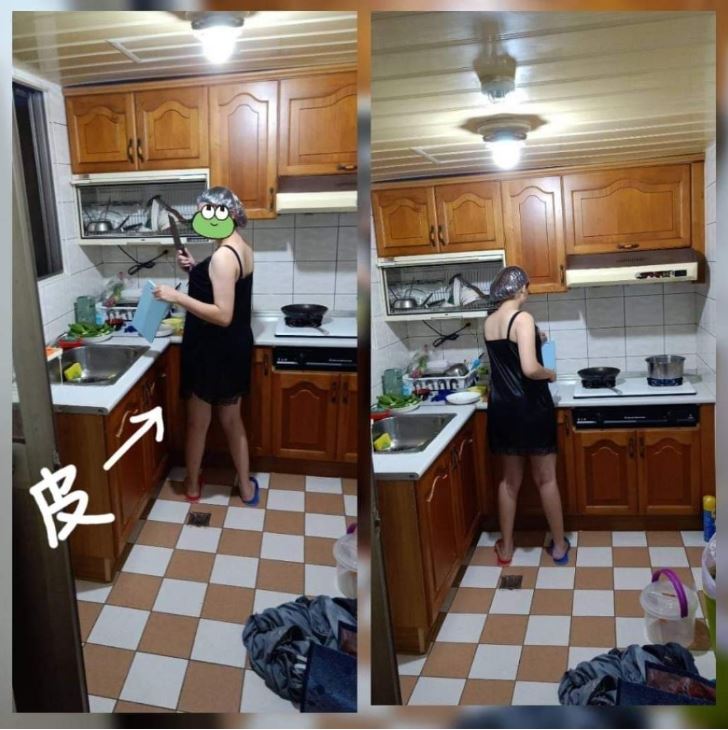 白皙老婆好調皮！細肩睡衣煮飯「頭戴這超爆笑」…轉身網全歪樓：側面很兇！