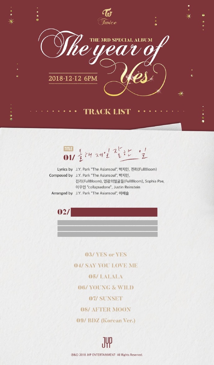 [TWICE][分享]181203 《The year of "Yes"》歌單&配置公開！主打曲由樸振英參與製作