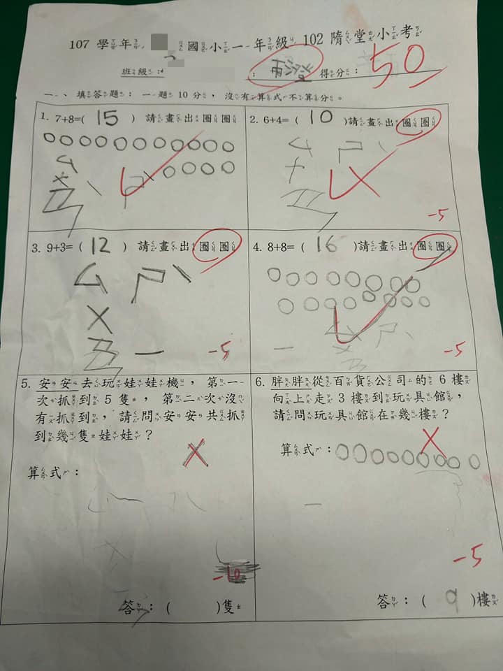 寫算式才給分！數學只考50分媽媽崩潰　天兵女兒：「我有寫算式欸」網友一看笑噴：老師才該扣分  