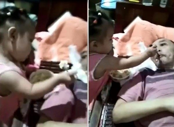 阿公把「0血緣女兒」帶回家養！如今他突然「癱瘓躺床」，超可愛1歲孫女「挖飯一口一口餵」報恩阿公：嘴嘴啊！