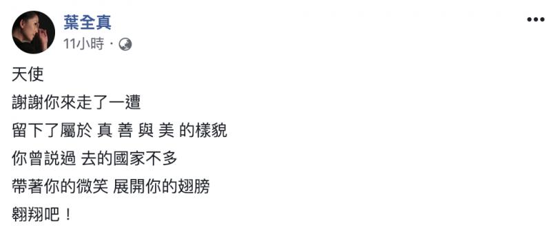 男星役期重傷身亡走了，葉全真悼念兒子謝謝你來走了一遭！