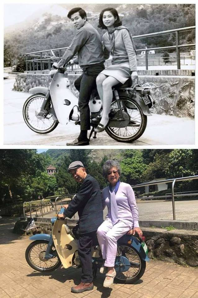 50年前小情侶「第一次約會機車環抱」超甜　50年後「同時同地重拍畫面」卻惹哭萬人：最浪漫的愛
