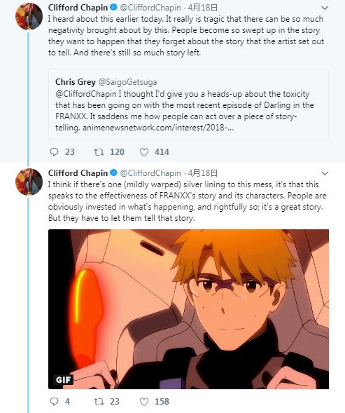 《DARLING in the FRANXX》STAFF可能因第14話劇情受性命威脅，美國聲優呼籲網友要冷靜