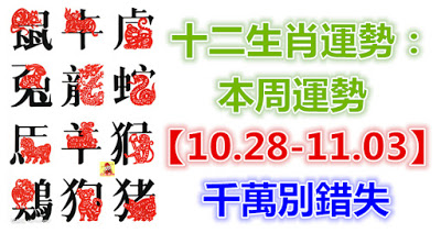 十二生肖運勢：本周運勢【10.28-11.03】千萬別錯失！